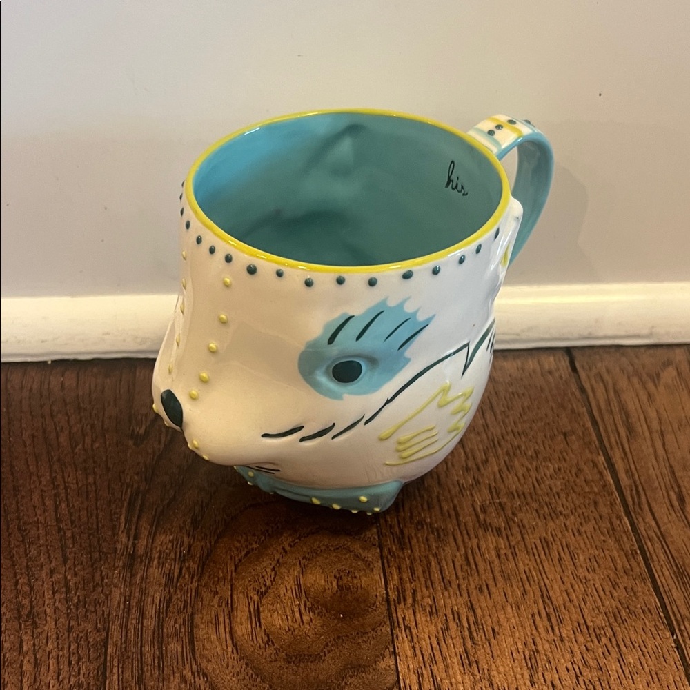Anthropologie Ceramic Hedgehod Mug - Teal and White
